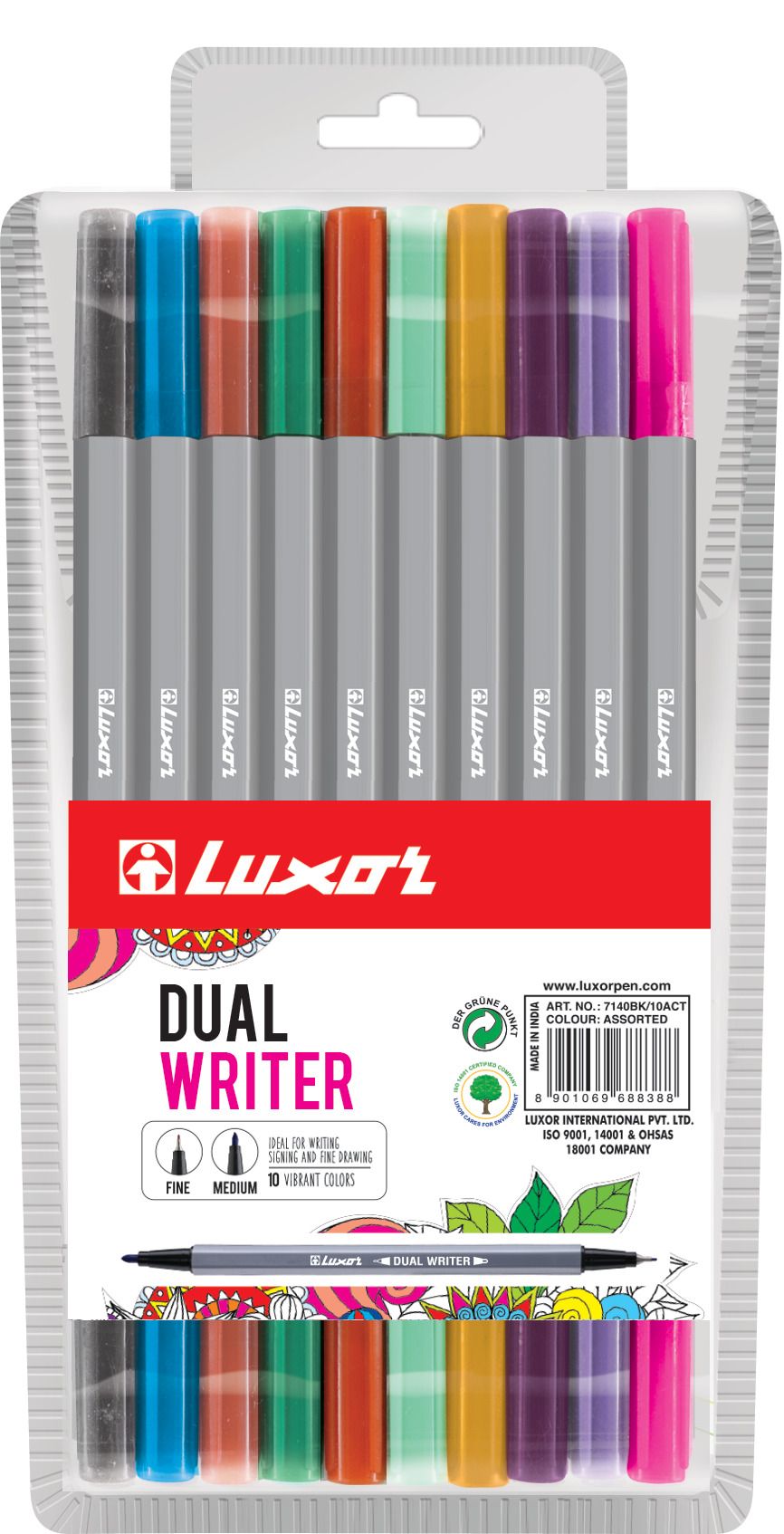 Набор капиллярных ручек "DUAL WRITER" 10цв., двухсторонний, европодвес