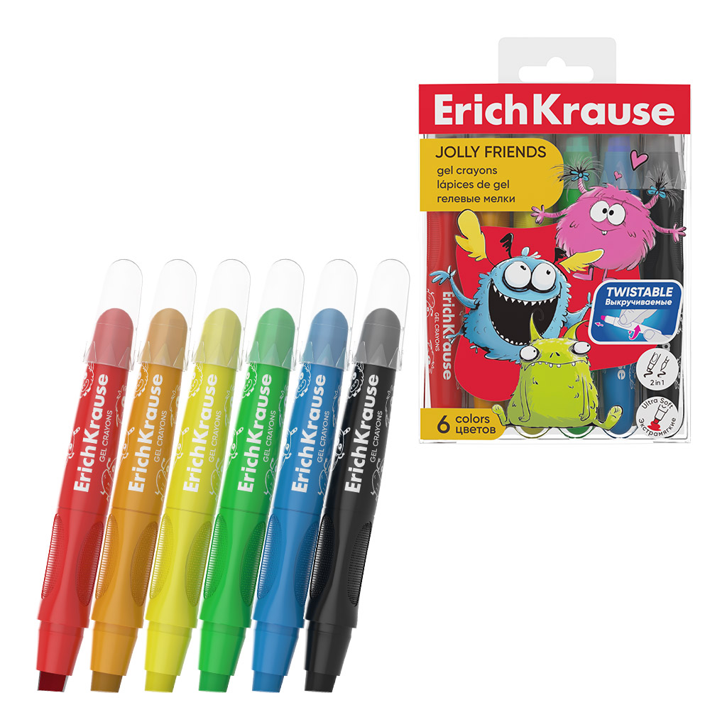 Гелевые мелки ErichKrause Jolly Friends, 6 цветов (в ПЭТ-боксе с европодвесом 6 шт)