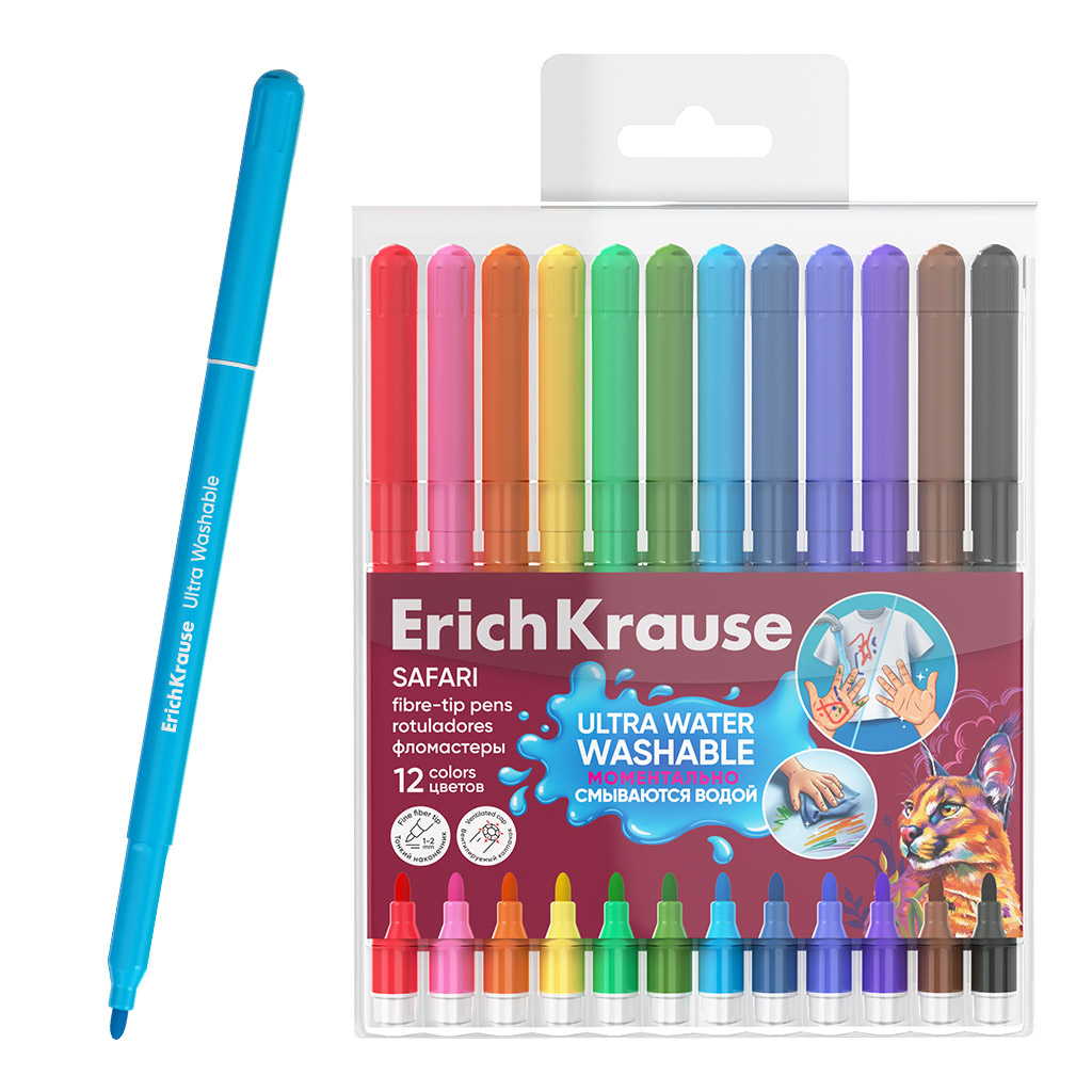 Фломастеры ErichKrause Safari Ultra Washable 12 цветов (в футляре с европодвесом 12 шт)