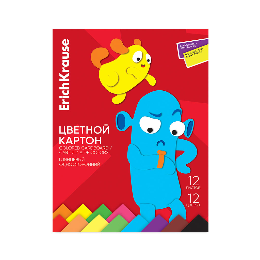 Цветной картон глянцевый в папке ErichKrause, Jolly Friends, А4, 12 л, 12 цв (с флюор.) (школьно-письменные принадлежности)
