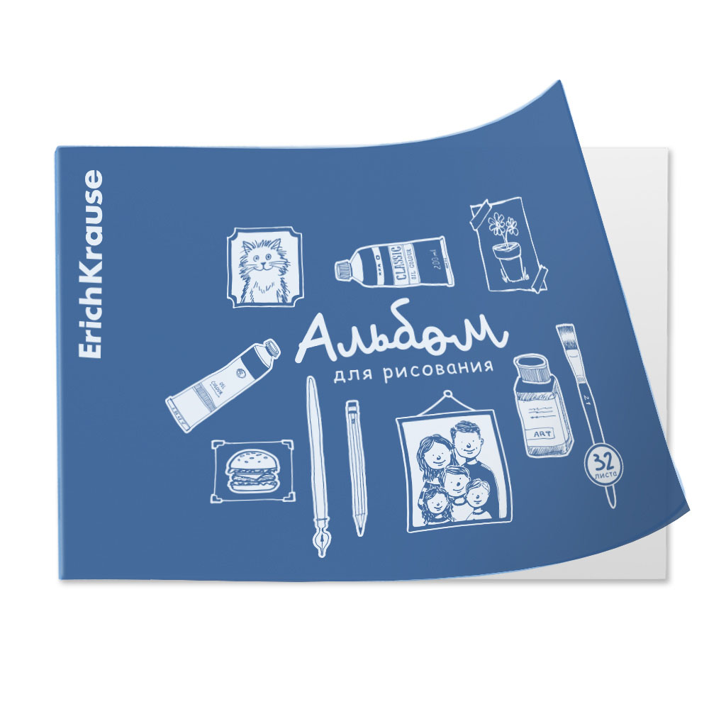 Альбом для рисования на скобе c пластиковой обложкой ErichKrause Doodle Blue, Ice Metallic синий, А4, 32 листа
