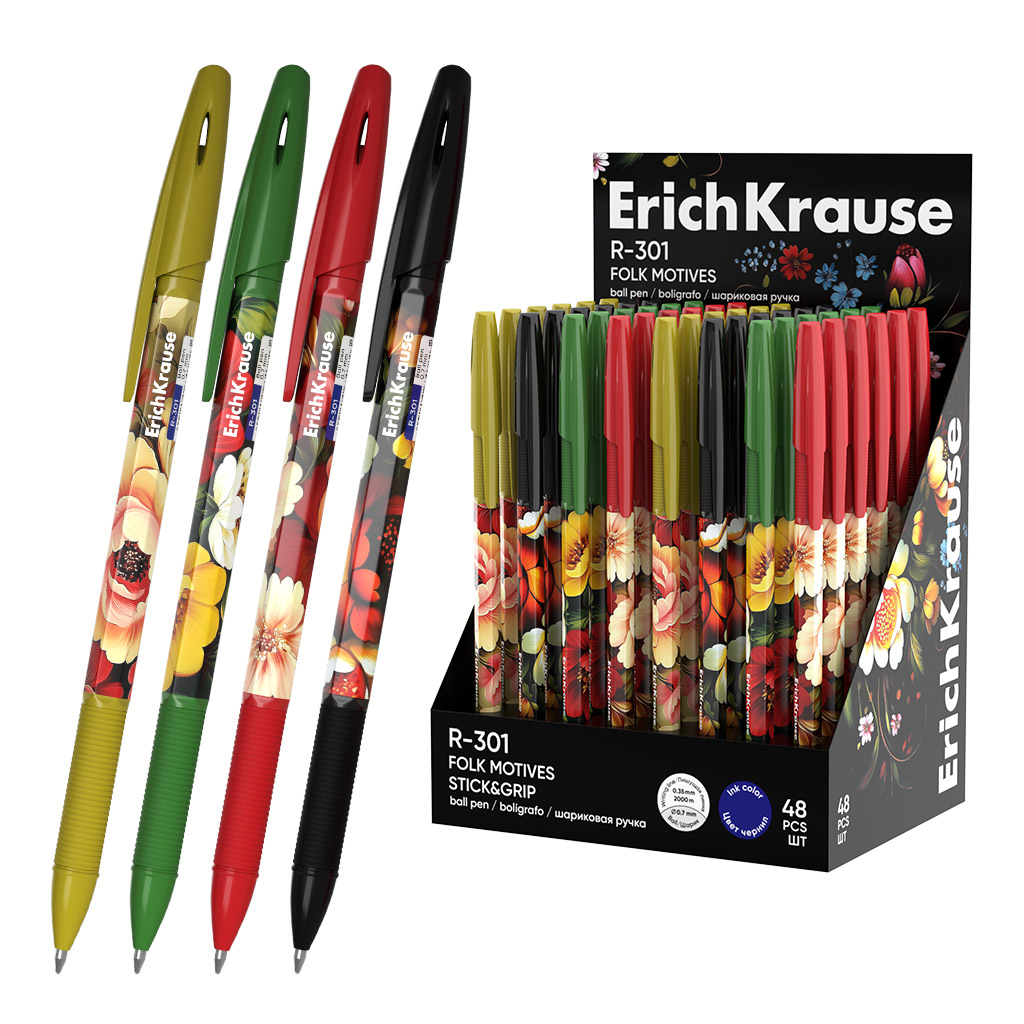 Ручка шариковая ErichKrause R-301 Stick&Grip Folk Motives 0.7, цвет чернил синий (в коробке-дисплее по 48 шт.)
