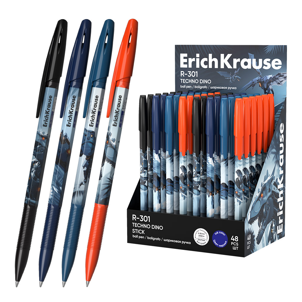 Ручка шариковая ErichKrause R-301 Stick Techno Dino 0.7, цвет чернил синий (в коробке-дисплее по 48 шт.)