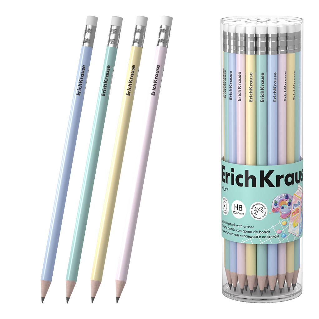 Чернографитный карандаш ErichKrause Milky, круглый, с ластиком, НВ (в тубусе по 42 шт.)