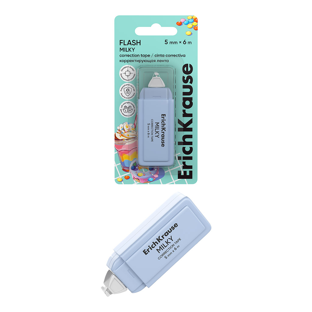 Корректирующая лента ErichKrause Flash Milky, 5мм х 6м, голубой (в блистере по 1 шт.)