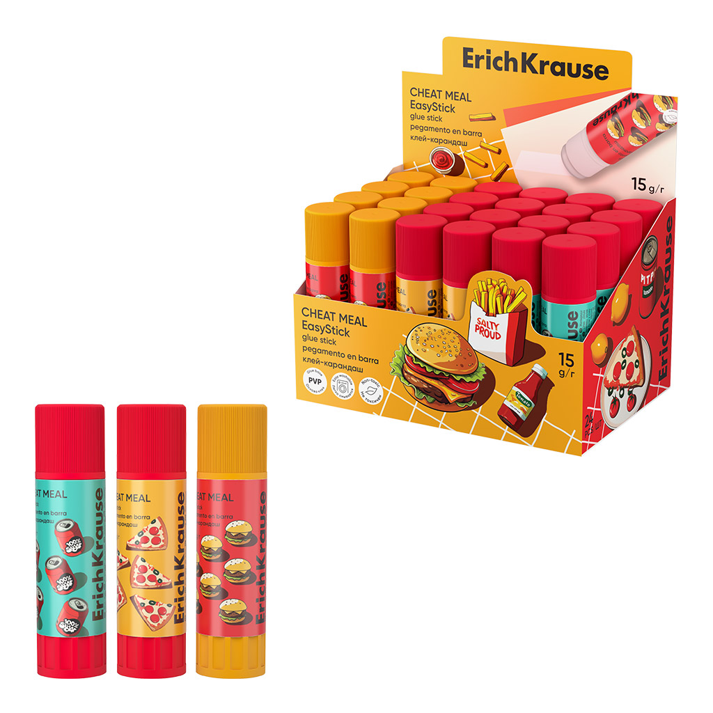 Клей-карандаш ErichKrause EasyStick Cheat Meal, 15г, ассорти (в коробке-дисплее по 24 шт.)