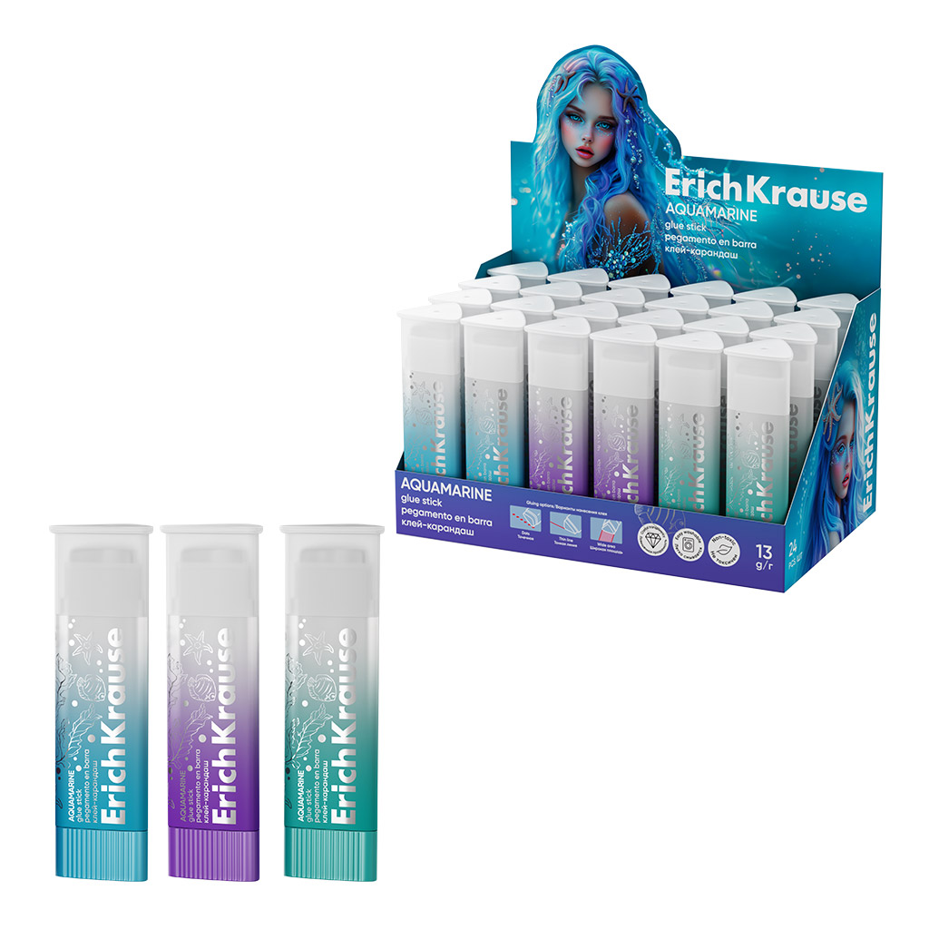 Клей-карандаш ErichKrause Prism Aquamarine, 13г, ассорти, повышенной прозрачности (в коробке-дисплее по 24 шт.)