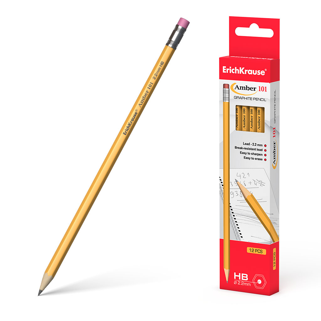 Чернографитный шестигранный карандаш с ластиком ErichKrause® Amber 101 HB (в коробке по 12 шт.)