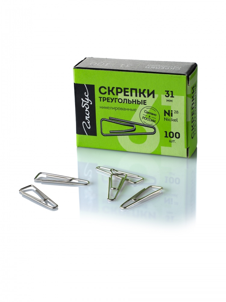 Скрепки 31мм - 100шт. никелированные, треугольные, карт.уп.