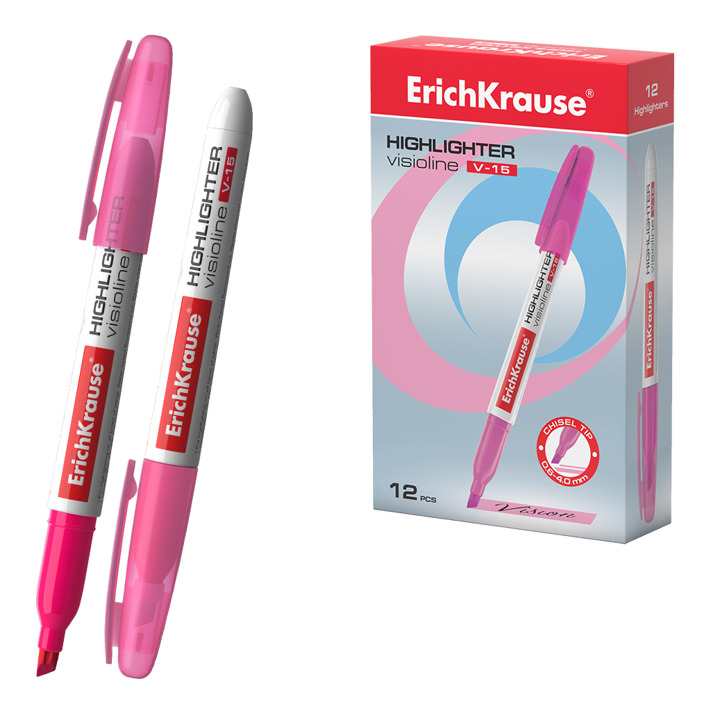 Текстмаркер ErichKrause Visioline V-15 Neon, цвет чернил розовый (в коробке по 12 шт.)