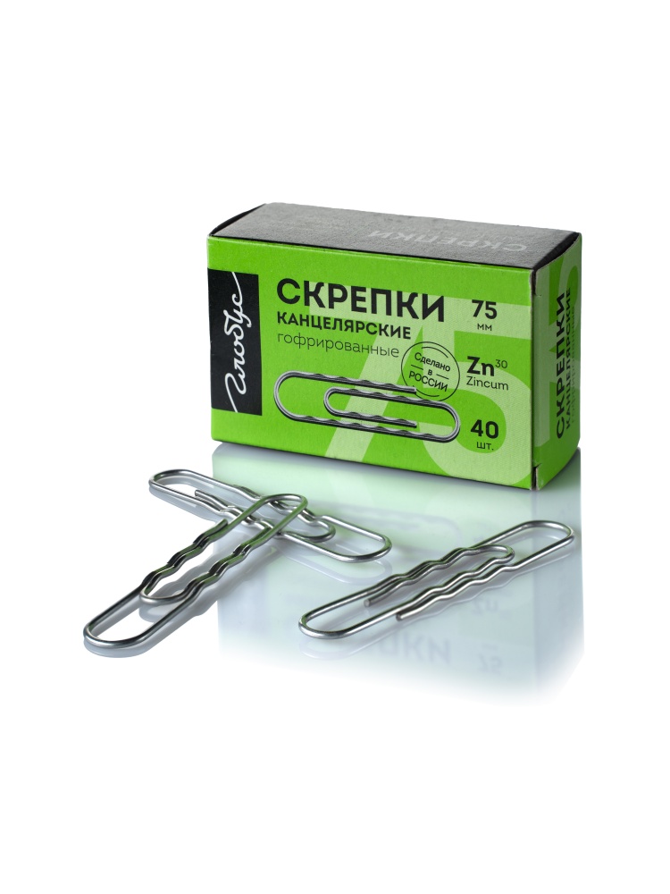 Скрепки 75мм -  40шт. гофрированные, оцинкованные, карт.уп.