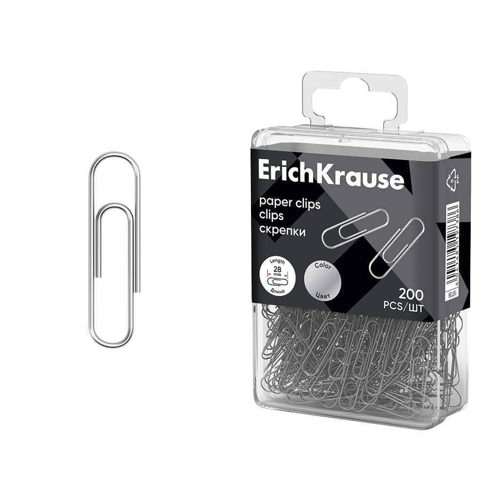 Скрепки металлические ErichKrause 28мм (в пластиковой коробке по 200 шт.)