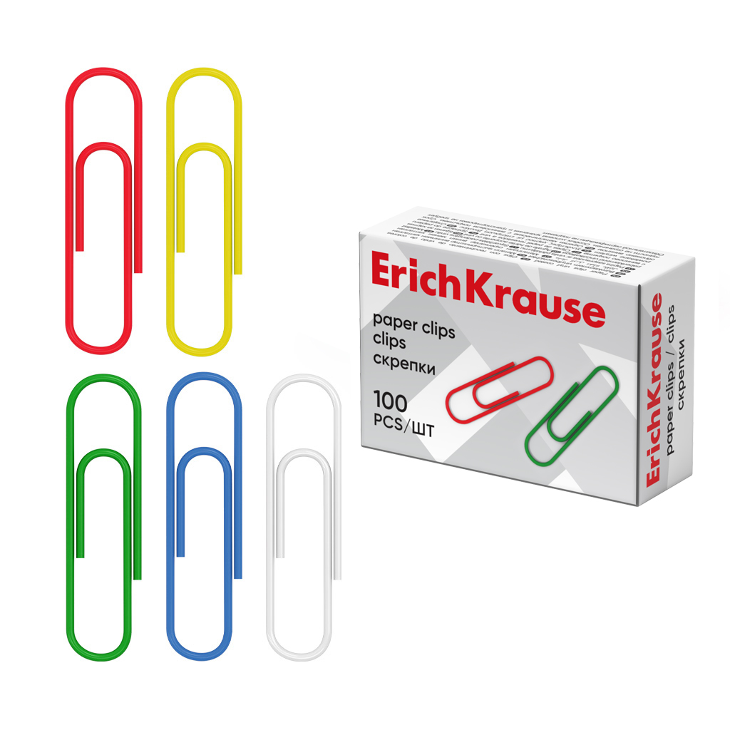 Скрепки металлические с виниловым покрытием ErichKrause Classic, 33 мм, ассорти (в коробке по 100 шт.)