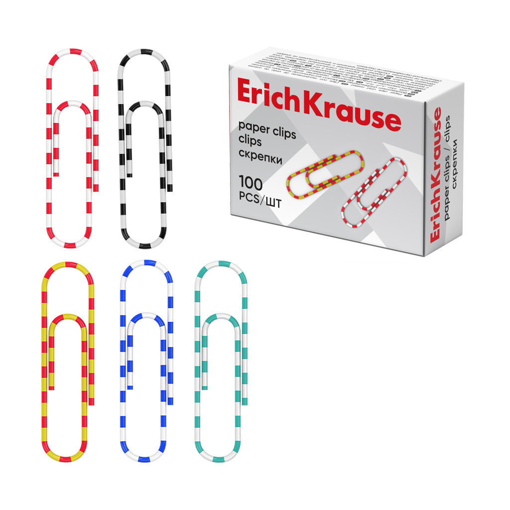 Скрепки металлические с виниловым покрытием ErichKrause Zebra, 28мм, ассорти (в коробке по 100 шт.)