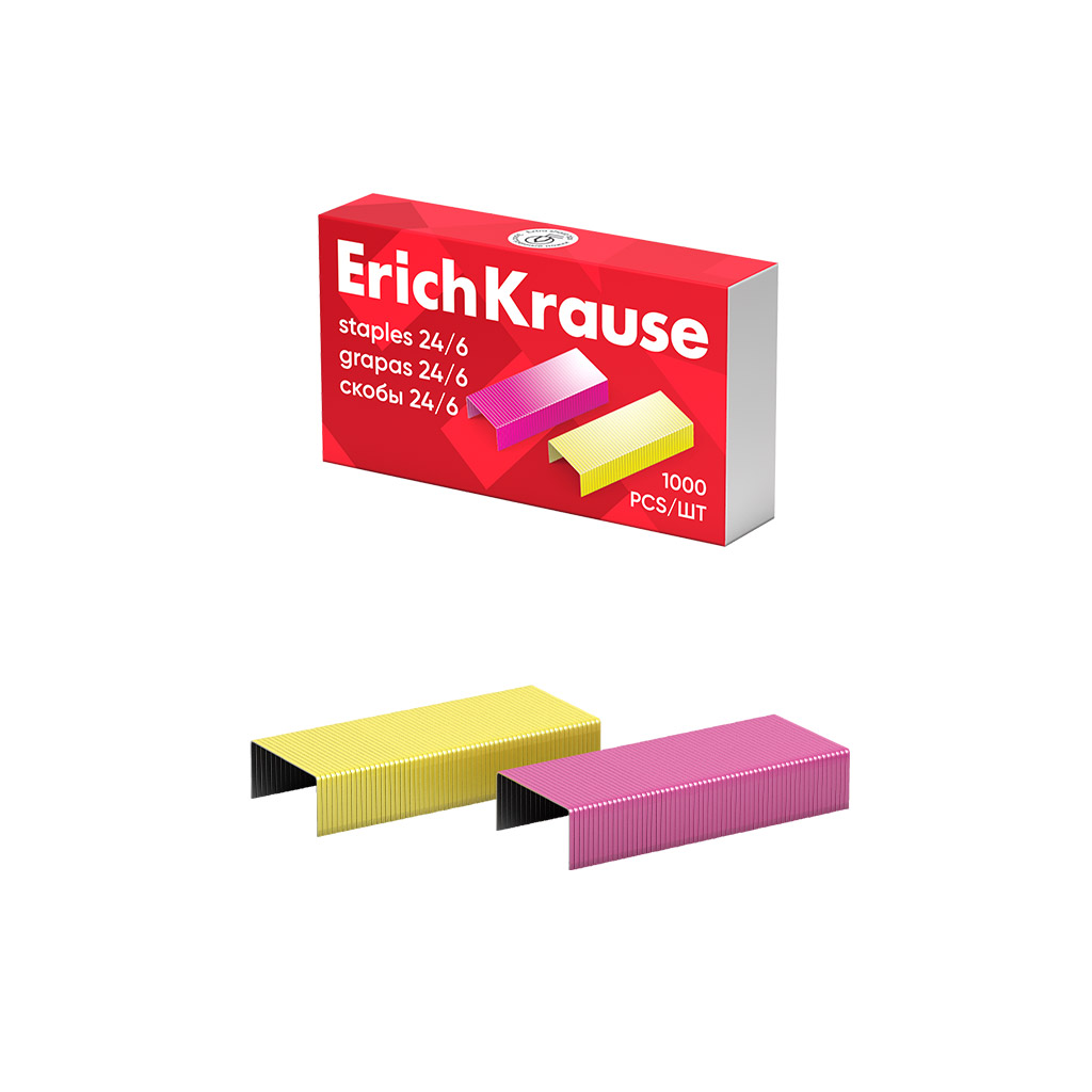 Скобы №24/6 ErichKrause цветные (коробка 1000 шт.)