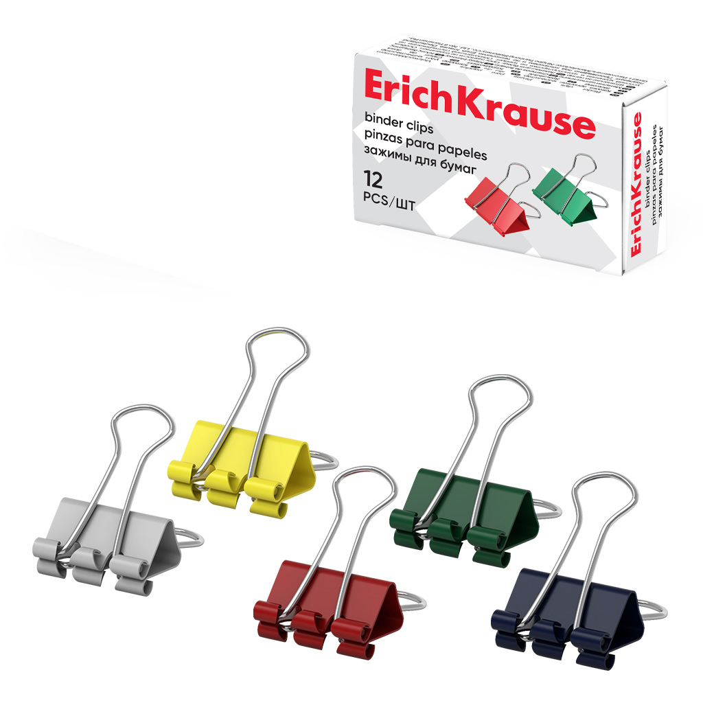 Зажимы для бумаг ErichKrause Classic, 19мм, ассорти (в коробке по 12 шт.)