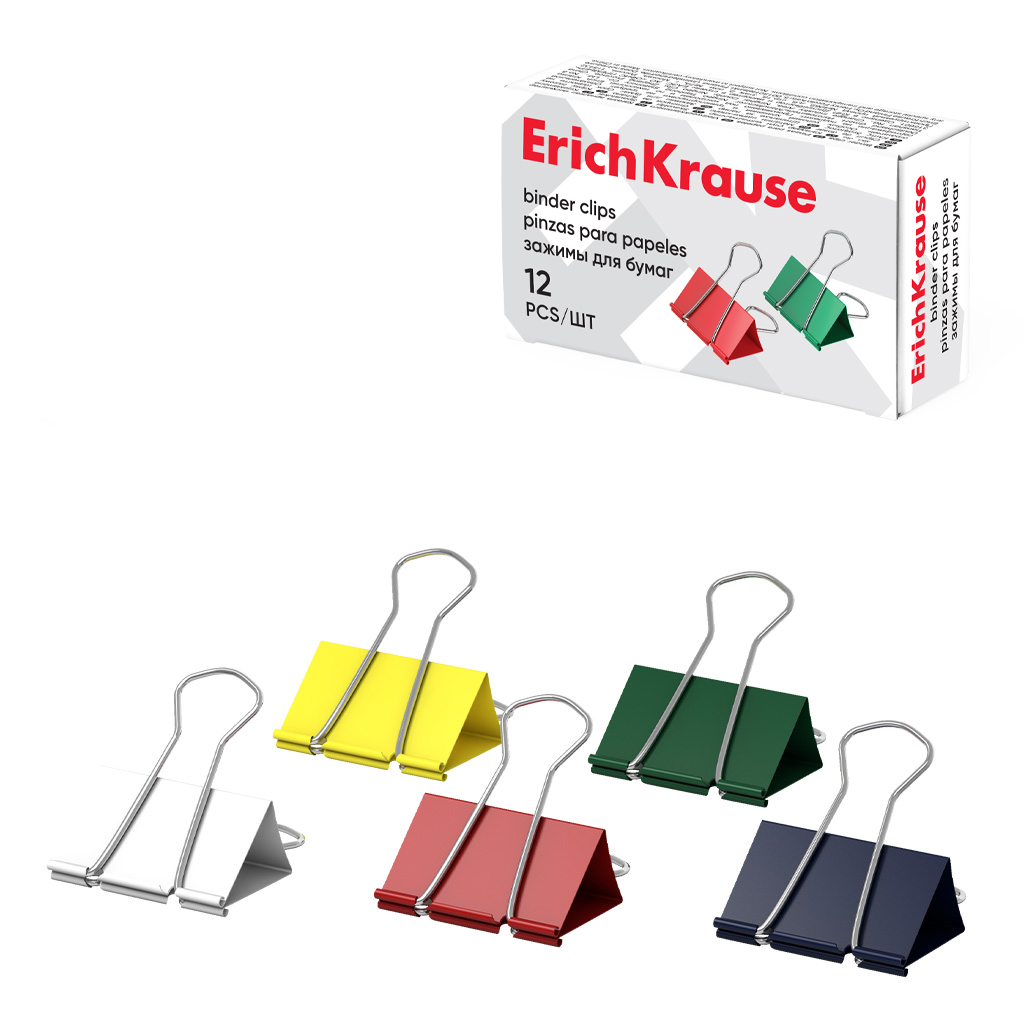 Зажимы для бумаг ErichKrause Classic, 25мм, ассорти (коробка 12 шт.)