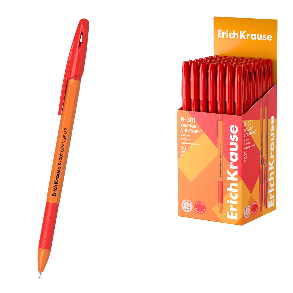 Ручка шар. ЕК R-301 ORANGE Stick&Grip красная, 0,7мм пласт.корп., резиновый держатель