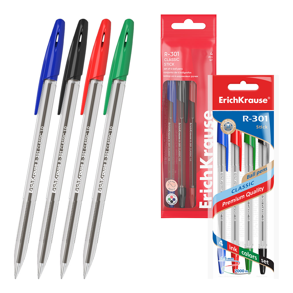 Набор из 4 ручек шариковых ErichKrause R-301 Stick Classic 1.0, цвет чернил: синий, черный, красный, зеленый (в пакете)