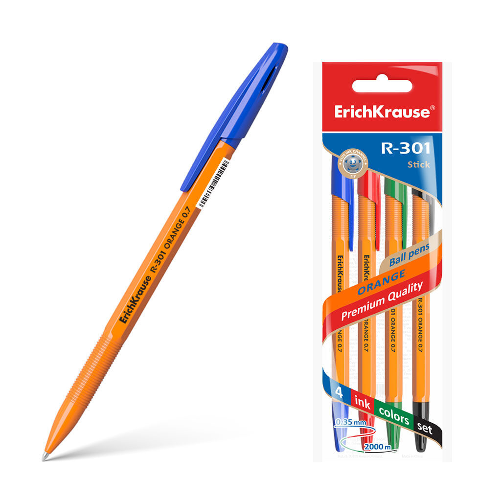 Набор ручек шар. ЕК R-301 Orange Stick 0,7мм, синий, красный, черный, зеленый, 4шт