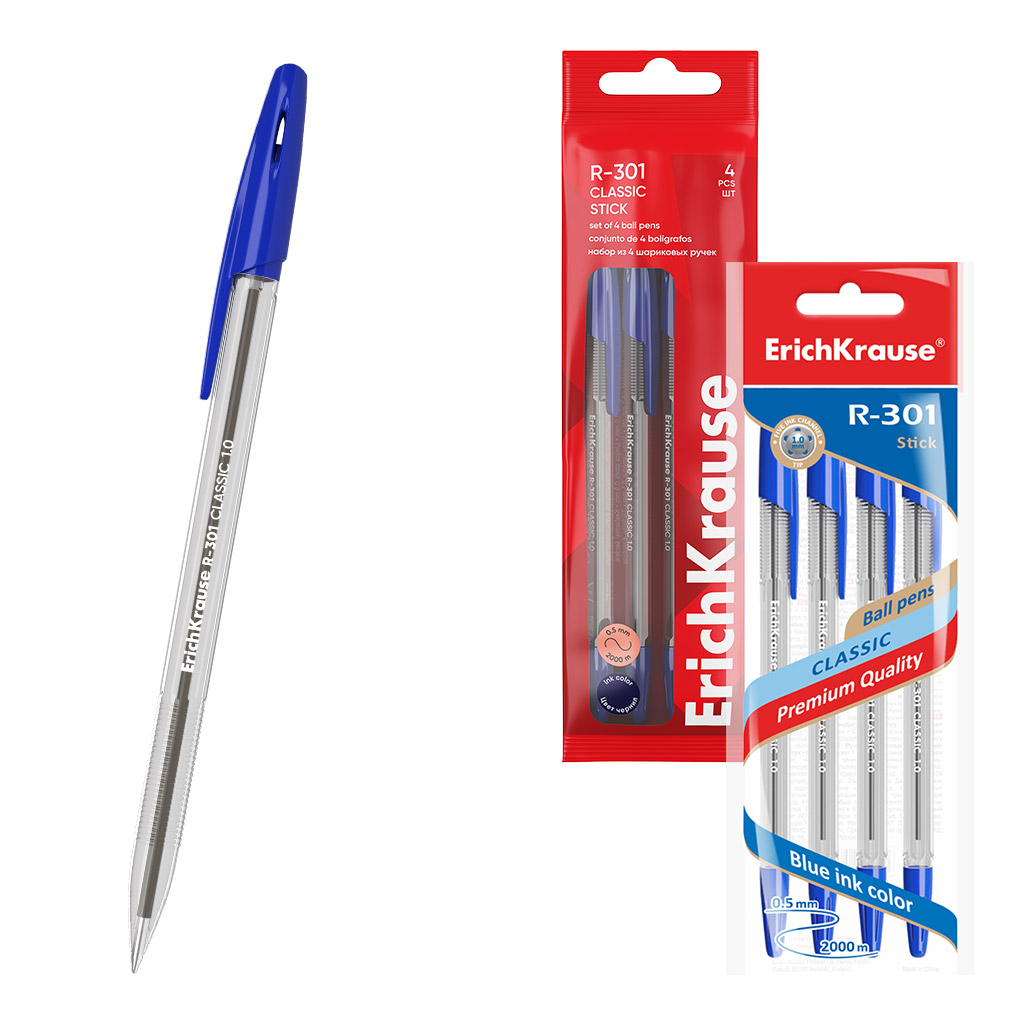 Набор из 4 ручек шариковых ErichKrause R-301 Stick Classic 1.0, цвет чернил синий (в пакете)
