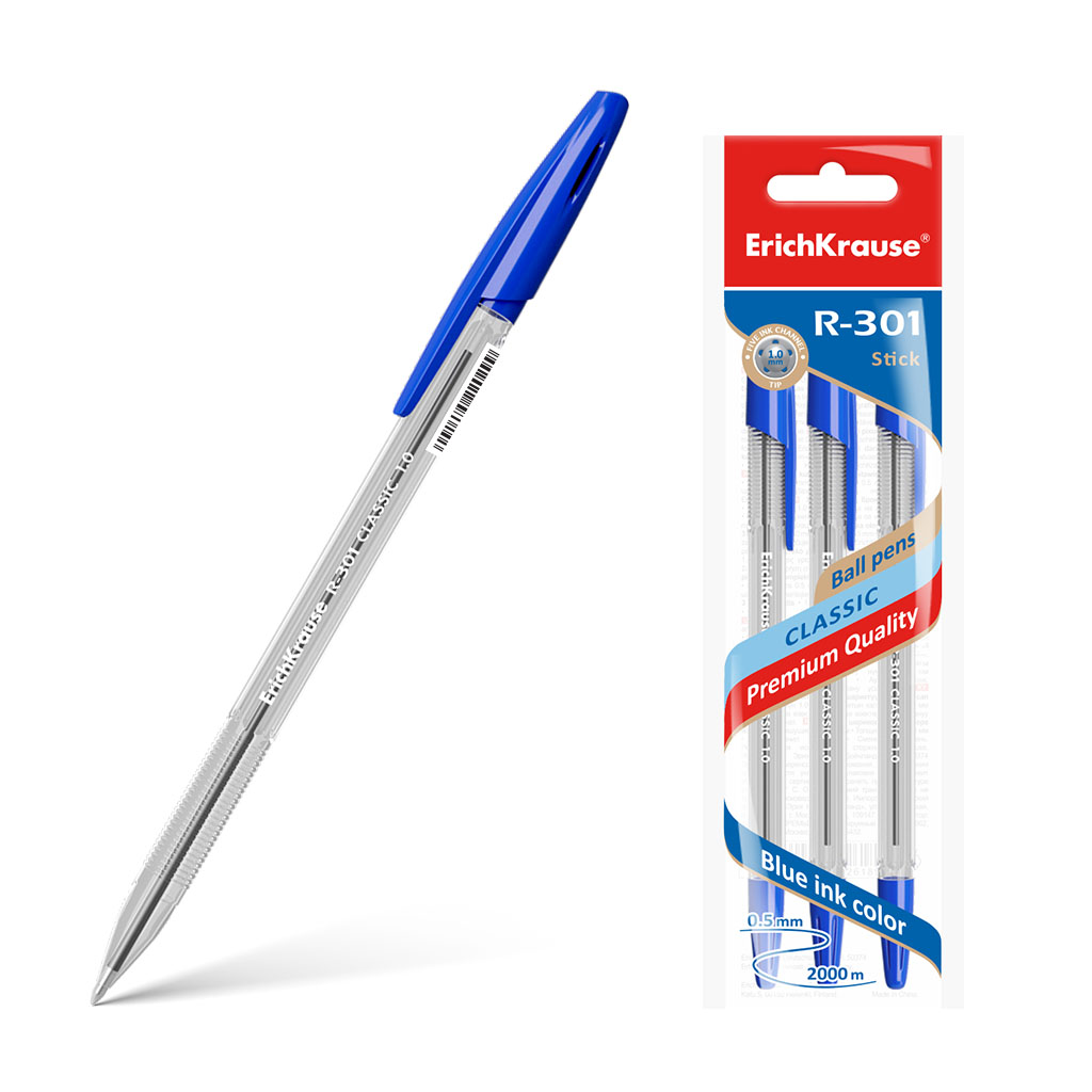 Набор из 3 ручек шариковых ErichKrause R-301 Stick Classic 1.0, цвет чернил синий (в пакете)