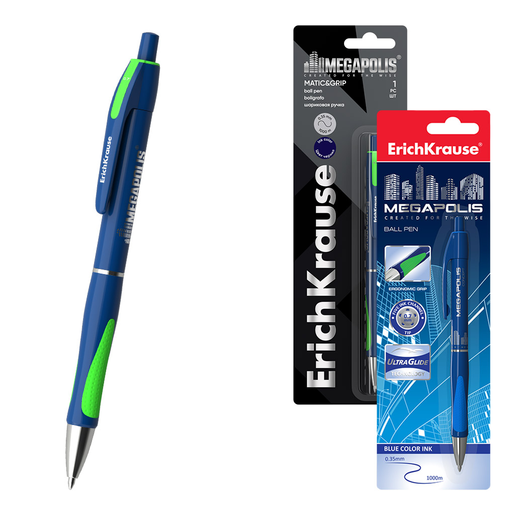 Ручка шариковая автоматическая ErichKrause MEGAPOLIS® Matic&Grip 0.7, Super Glide Technology, цвет чернил синий (блистер 1 шт.)